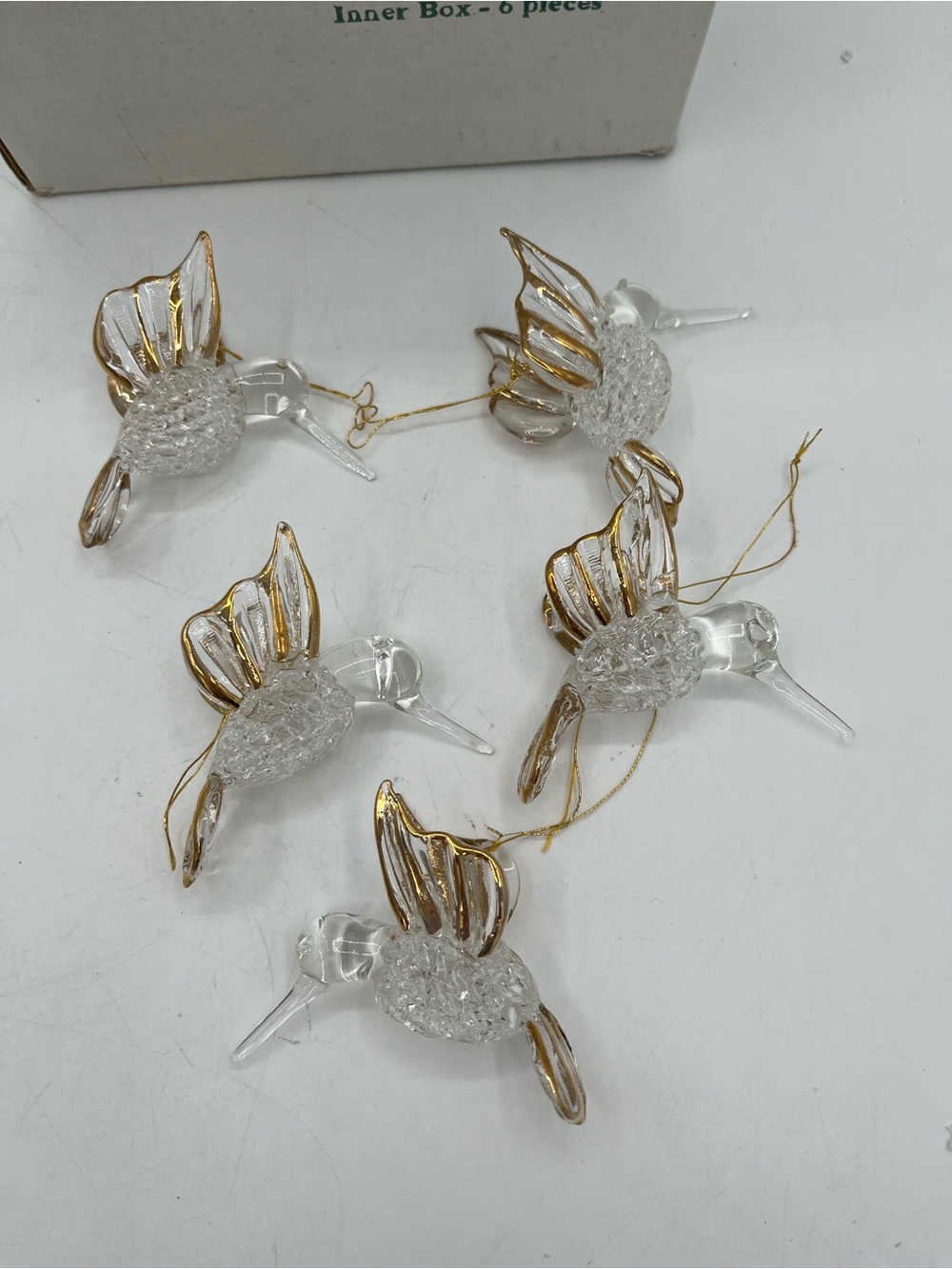 Set of 5 Clear Glass Hummingbird Ornaments with Gold Trim